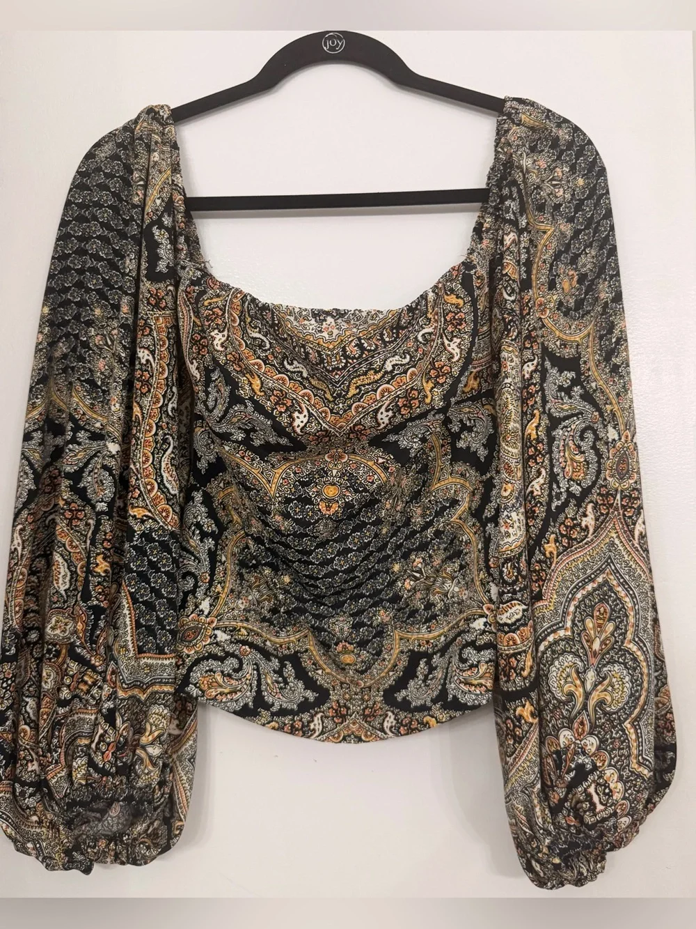 Bronx & Banco Off-Shoulder Paisley Print Blouson Sleeve Top Black & Brown Size 6